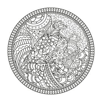 Mandala with dog and cat. Zentangle. Hand drawn circle zendala. Abstract patterns on isolation background. Design for spiritual relaxation for adults. Zen art. Line art creation