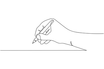 Continuous one line of hand with a pencil in silhouette. Linear stylized. Minimalist.