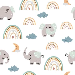 Foto op Plexiglas Olifant Naadloos patroon met olifanten en boho-regenbogen