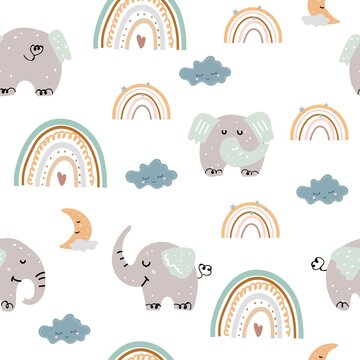 Seamless pattern with elephants and boho rainbows