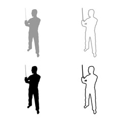 Fototapeta na wymiar Man with sword machete Cold weapons in hand military man Soldier Serviceman in positions Hunter with knife Fight poses Strong defender Warrior concept Weaponry Stand silhouette grey black color 