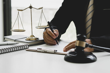 Judge gavel with Justice lawyers, Business woam in suit or lawyer working on a documents. Legal...