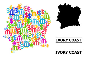 Colorful finance and money mosaic and solid map of Ivory Coast. Map of Ivory Coast vector mosaic for promotion campaigns and promotion.