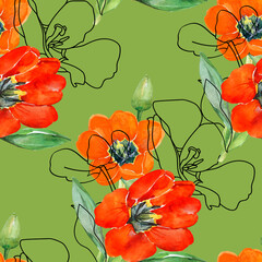 .Vector Tulip seamless pattern. Image on a white and colored background.