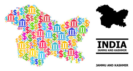 Fototapeta premium Colored financial and dollar mosaic and solid map of Jammu and Kashmir State. Map of Jammu and Kashmir State vector mosaic for business campaigns and promotion.