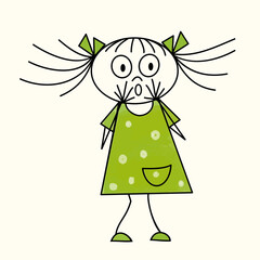 The little girl looks on with a surprised expression. Vector illustration isolated on white background, in childish doodles style.