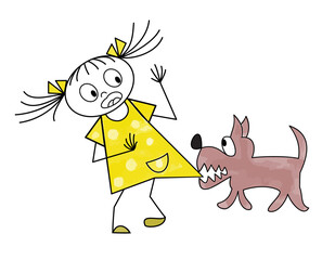 Little girl is afraid of a dog that pulls her dress. Vector illustration isolated on white background, in childish doodles style.