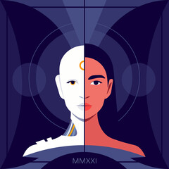 The head of an android robot and face of a young woman. Artificial Intelligence and people. Future technologies. Vector flat illustration
