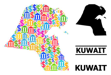 Colored bank and business mosaic and solid map of Kuwait. Map of Kuwait vector mosaic for geographic campaigns and posters. Map of Kuwait is created with bright colored bank and dollar ojects.