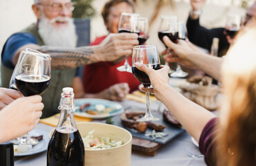 Multi generational people cheering with wine and eating outdoors at home - Focus on center hand holding glass
