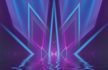 Abstract background. Neon multicolor light reflects off water. Beach party, light show. Blurry lights glisten on the surface. 3d illustration