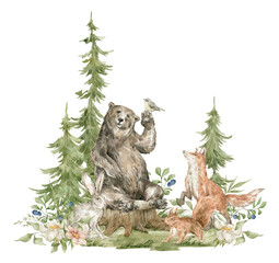 Watercolor forest landscape. Trees, field, stump, fir-trees, wild animals. Brown bear, fox, hare, squirrel, berries, meadow flowers. Summer woodland, nature scene, valley © Kate K.