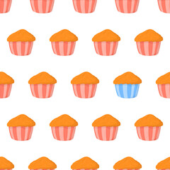 Hand drawn seamless pattern with muffin for wallpaper design. Vector isolated illustration. Eye catching elements - one blue cover.