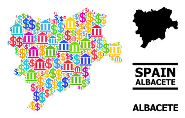 Fototapeta na wymiar Bright colored bank and commercial mosaic and solid map of Albacete Province. Map of Albacete Province vector mosaic for GDP campaigns and propaganda.