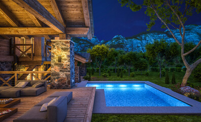 3d rendering of modern cozy chalet with pool and parking for sale or rent. Beautiful forest mountains on background. Massive timber beams columns. Clear summer night with many stars on the sky.