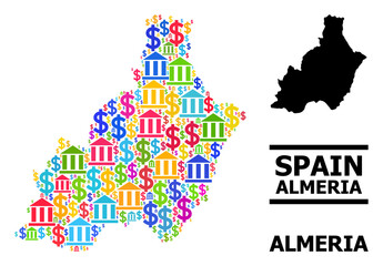 Bright colored bank and dollar mosaic and solid map of Almeria Province. Map of Almeria Province vector mosaic for ads campaigns and posters.