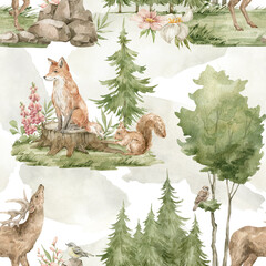 Watercolor seamless pattern with forest landscape. Trees, spruce, animals, mountains, fox, deer, squirrel, birds, wild flowers. Wildlife nature, woodland background.  © Kate K.
