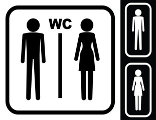 Set of wc glyphs icon. Man and woman stick figure for toilet room. Two persons in one square sign. Illustration print vector