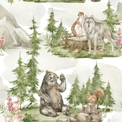 Wallpaper murals Forest animals Watercolor seamless pattern with forest landscape. Trees, spruce, animals, mountains, wolf, bear, weasel, squirrel, wild flowers. Wildlife nature, woodland background. 