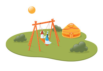 Girls in Kazakh national clothes swing on the Altybakan folk swing against the background of the yurt. Celebrating Nauryz. Vector illustration