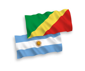 National vector fabric wave flags of Republic of the Congo and Argentina isolated on white background. 1 to 2 proportion.