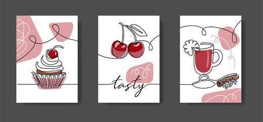 Cafe wall line art decoration. Cherry, cupcake, drink. Set of vector illustrations, one continuous line decoration for kitchen or cafe