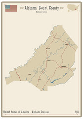 Map on an old playing card of Blount county in Alabama, USA.