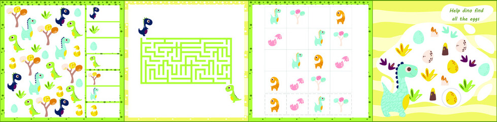 Mini games collections with dino for development. I spy. Maze. Colorful vector illustration in flat style. Dinosaur