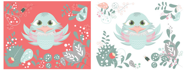 Baby shower poster, card, intitation cover, wall poster for children's room. Cute bird with flower rustik elements, naive flowers, leaves and bugs. High quality photo