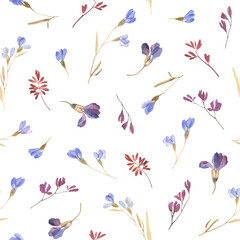 Watercolor floral seamless pattern of branches with buds and leaves in herbarium style. Dry flowers and plants isolated on white background, hand painting image, print in blue and purple pastel colors