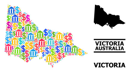 Vibrant bank and economics mosaic and solid map of Australian Victoria. Map of Australian Victoria vector mosaic for ads campaigns and projects.
