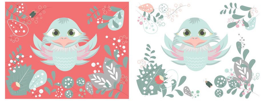 Baby shower poster, card, intitation cover, wall poster for children's room. Cute bird with flower rustik elements, naive flowers, leaves and bugs. High quality photo