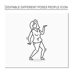 Person pose line icon. Woman dancing. Waving.Buggy dance. Raised arm up. Looking directly.People poses concept. Isolated vector illustration