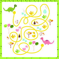 Maze with dino. Find right way. Kids mini game for development. Dinosaur.