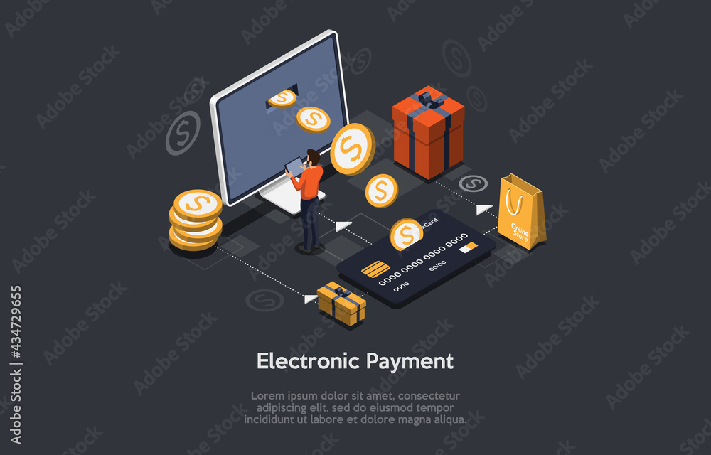 Poster isometric composition on dark background with text. vector illustration in 3d style. objects and cha