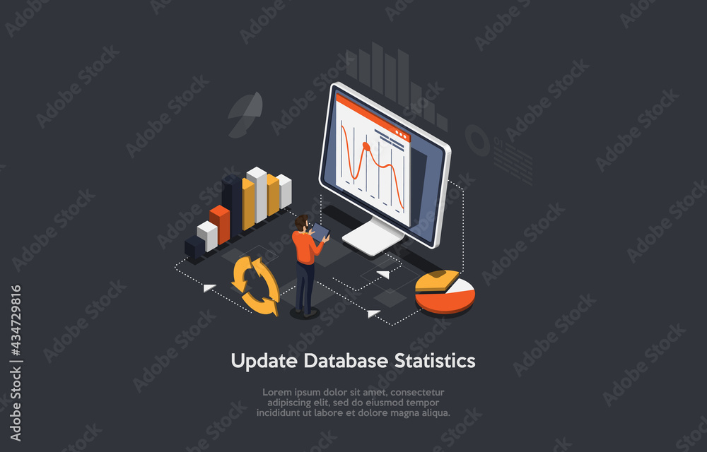 Poster vector 3d illustration. cartoon isometric design with infographics. update database statistics conce