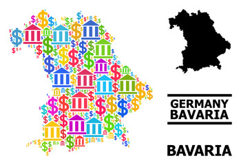 Colorful bank and money mosaic and solid map of Bavaria State. Map of Bavaria State vector mosaic for promotion campaigns and promotion.