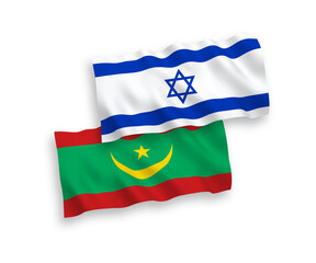 National vector fabric wave flags of Islamic Republic of Mauritania and Israel isolated on white background. 1 to 2 proportion.