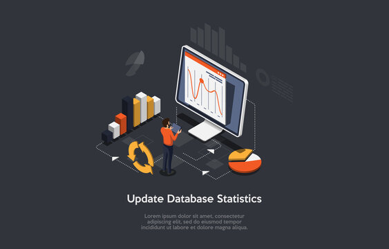 Vector 3D Illustration. Cartoon Isometric Design With Infographics. Update Database Statistics Concept Art. Laptop With Information On Screen, Man Standing Near. Charts, Graphs Elements, Signs Around