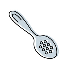 Spoon with holes. Kitchenware sketch. Doodle line vector kitchen utensil and tool. Cutlery illustration