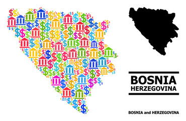 Bright colored bank and dollar mosaic and solid map of Bosnia and Herzegovina. Map of Bosnia and Herzegovina vector mosaic for ads campaigns and doctrines.