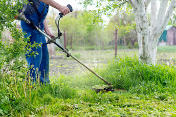 The gardener mows the grass with a trimmer in the spring garden