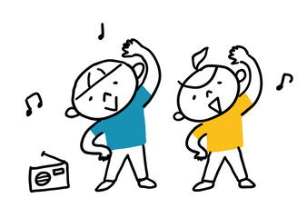 ラジオ体操をする男の子と女の子