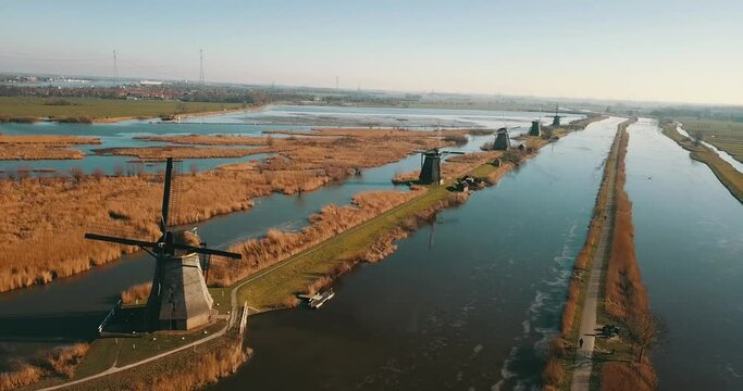 4K Footage Aerial View to the Windmills at Kinderdijk , Netherlands