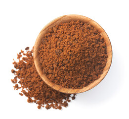 brown sugar in the wooden bowl, isolated on white background, top view