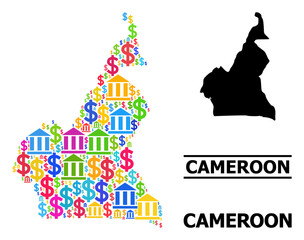 Multicolored bank and dollar mosaic and solid map of Cameroon. Map of Cameroon vector mosaic for GDP campaigns and posters. Map of Cameroon is composed with multicolored bank and dollar parts.