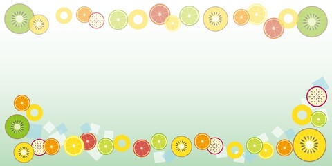 Summer fruits decoration illustration. Oranges, lemons, kiwis, pineapples and Passion fruits. Summer fresh fruits background for banner, event, promotion and web design. Vector illustration.