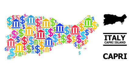 Obraz premium Colorful bank and commerce mosaic and solid map of Capri Island. Map of Capri Island vector mosaic for advertisement campaigns and agitation.