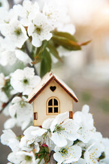 Toy wooden house and cherry flowers. Spring natural background and copy space. Blooming tree. Concept of mortgage, construction, rental, family and property.