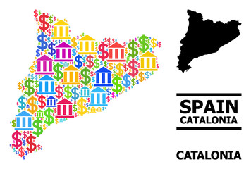 Bright colored finance and dollar mosaic and solid map of Catalonia. Map of Catalonia vector mosaic for geographic campaigns and projects.